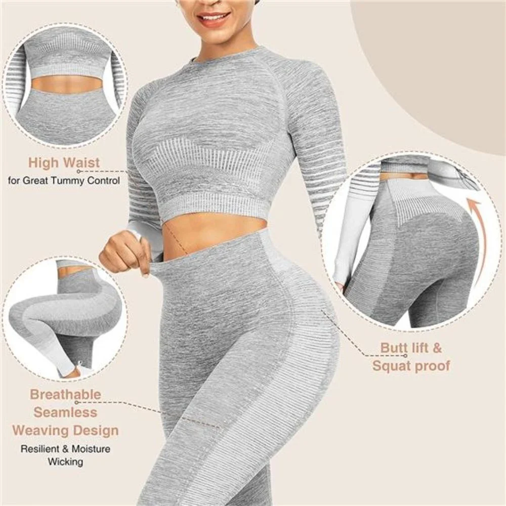 2 Piece Yoga Outfits High Waist Seamless Leggings and Long Sleeve Crop Top